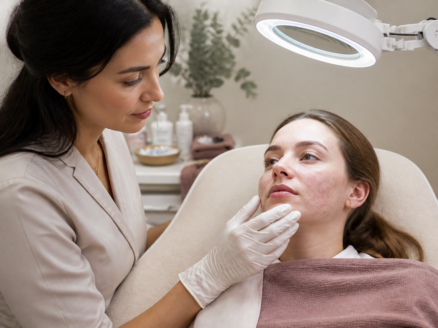 Calm acne facial consultation with a clean treatment tray