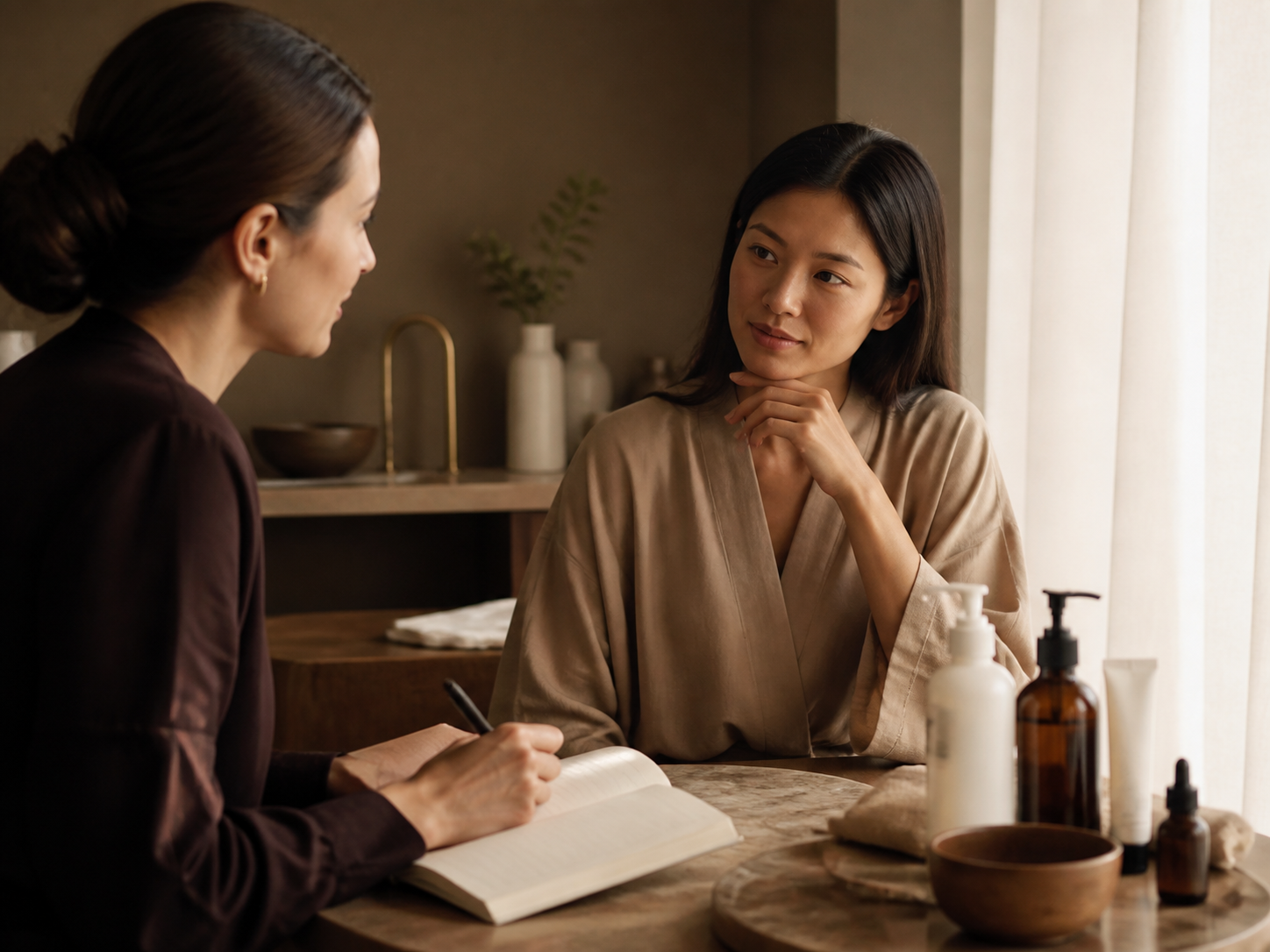 Skincare consultation with notes and product bottles