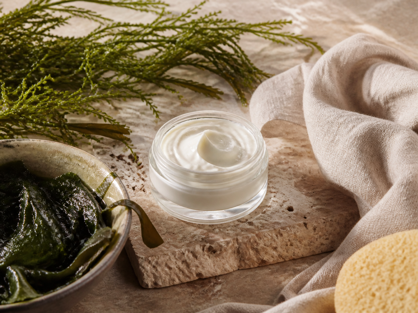 Algae peel aftercare arrangement with calm natural textures