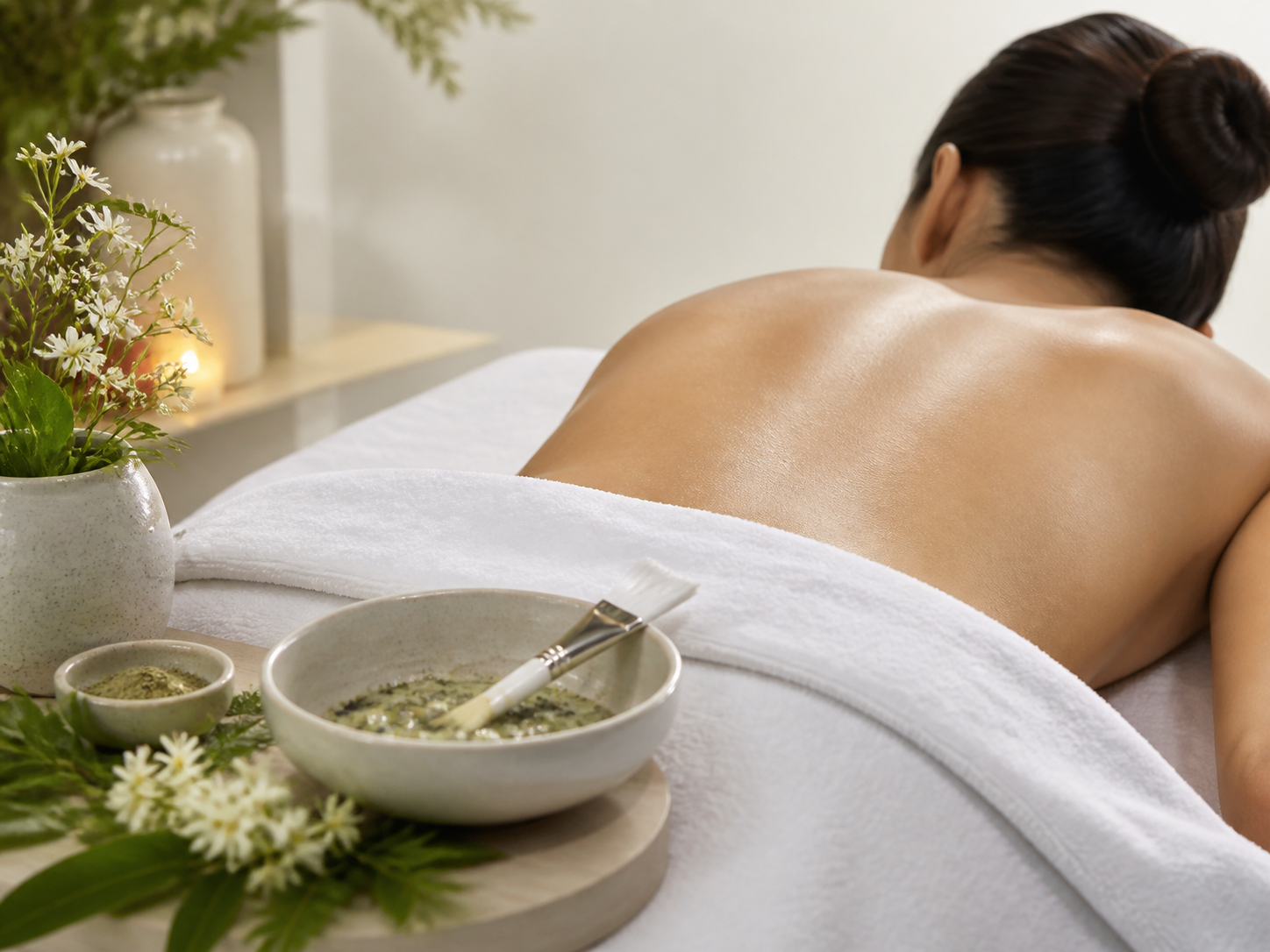 Back skincare treatment setup with natural algae peel textures