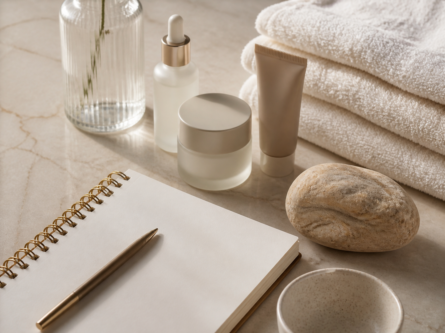 Skincare planning still life with notebook and neutral products