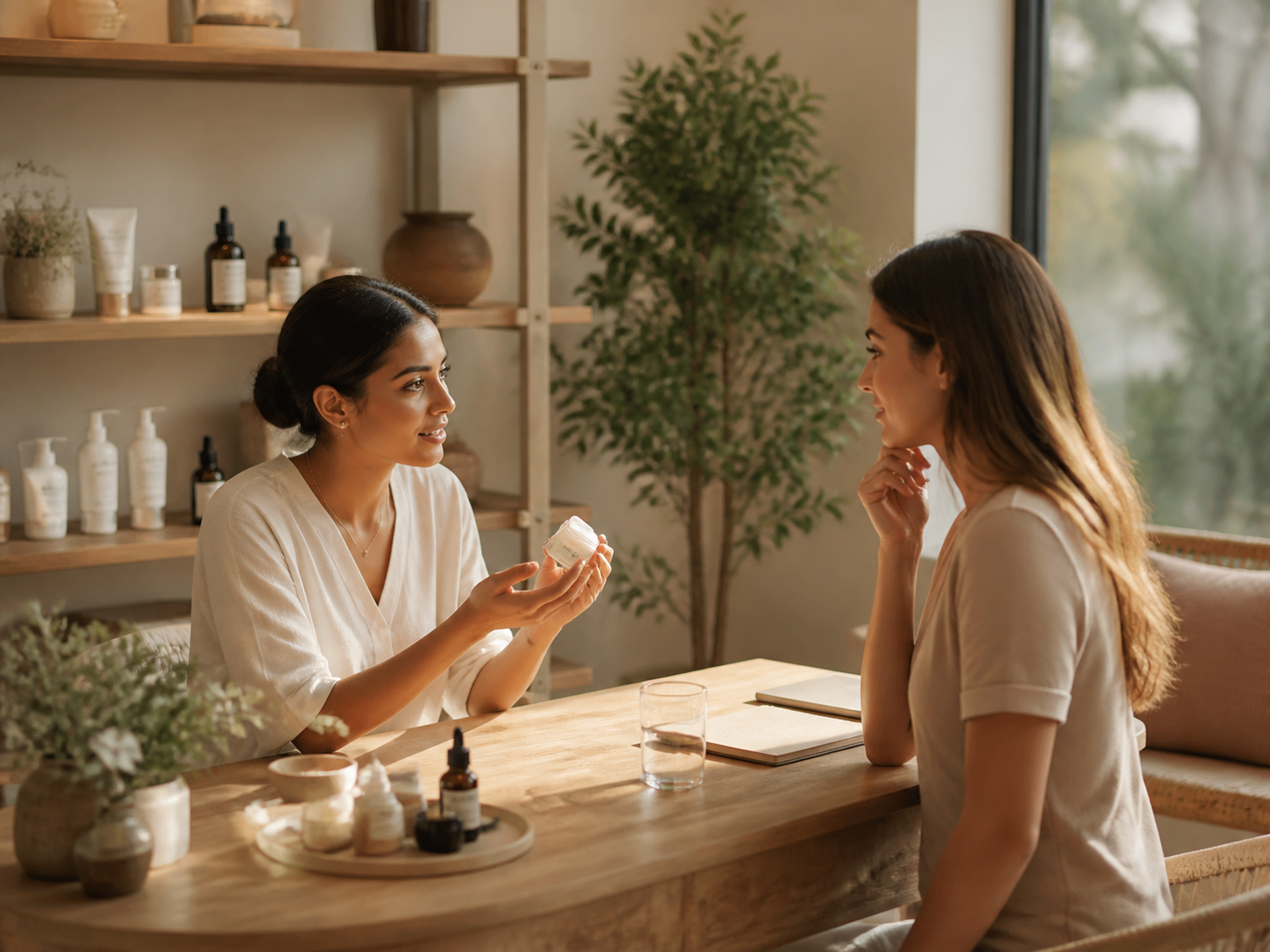 Warm local skincare studio consultation near a neighborhood setting