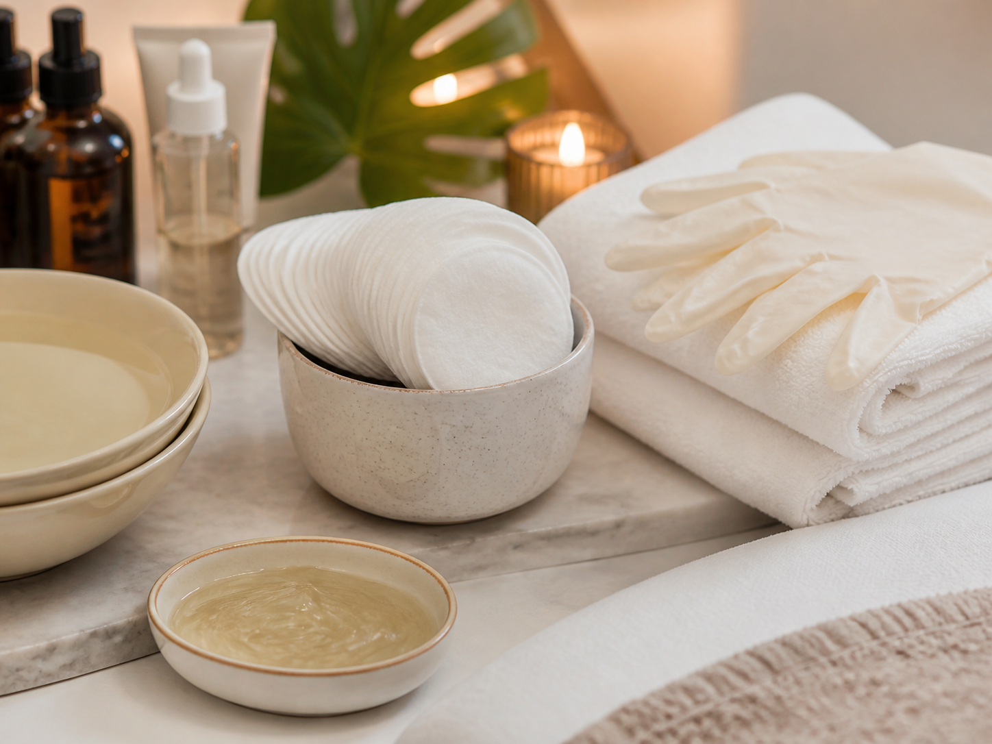 Clean facial treatment setup with cotton rounds and warm towels