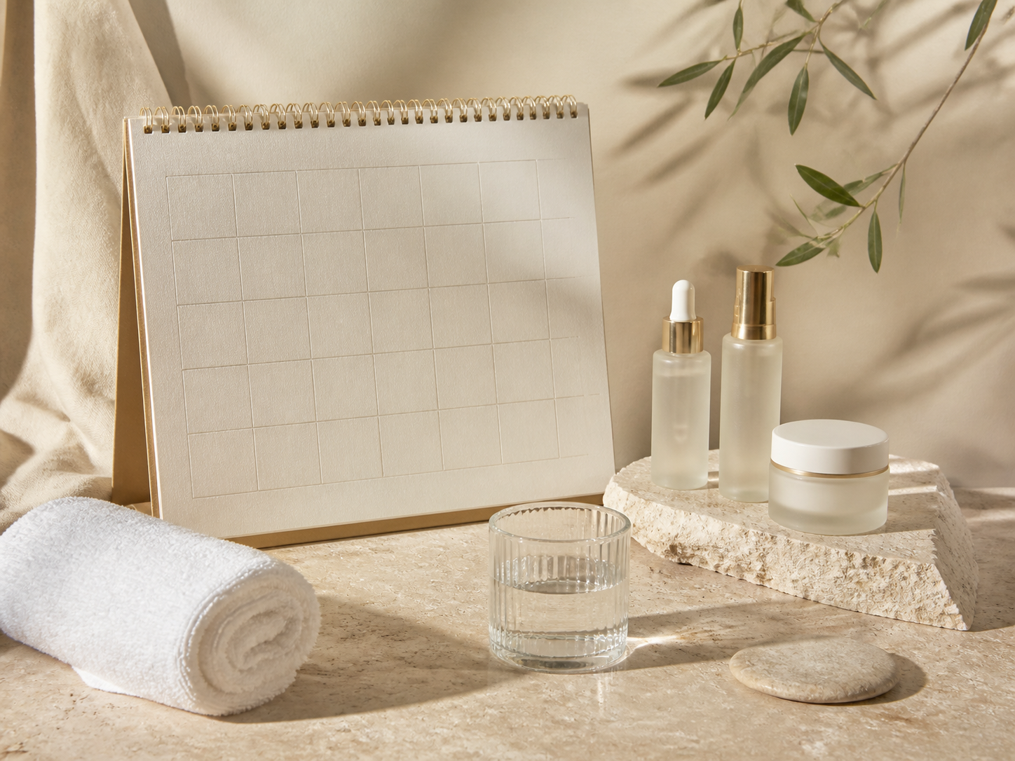 Elegant skincare planning still life with towel and glass water