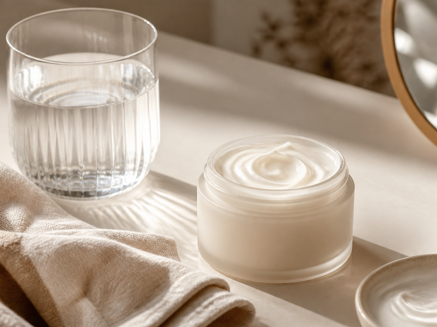 Hydrated skincare still life with rich cream and linen towel