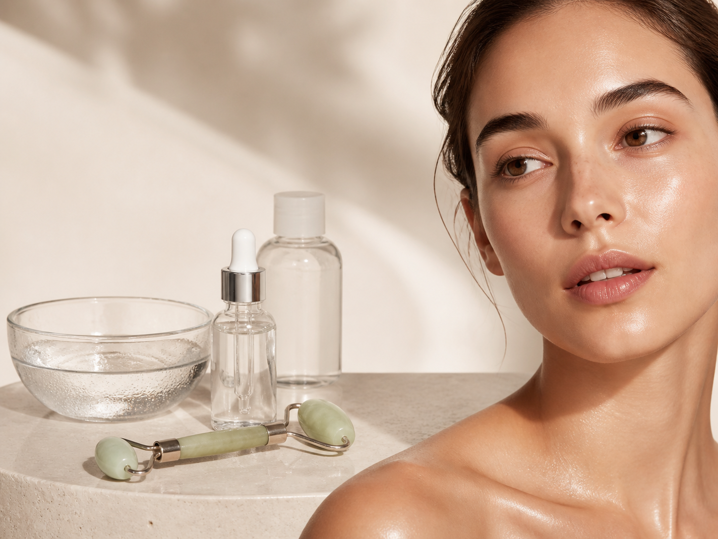 Water-based facial tools and glowing skin in a cream studio
