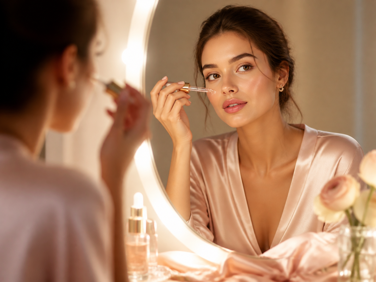 Luminous skincare preparation with serum and soft mirror light