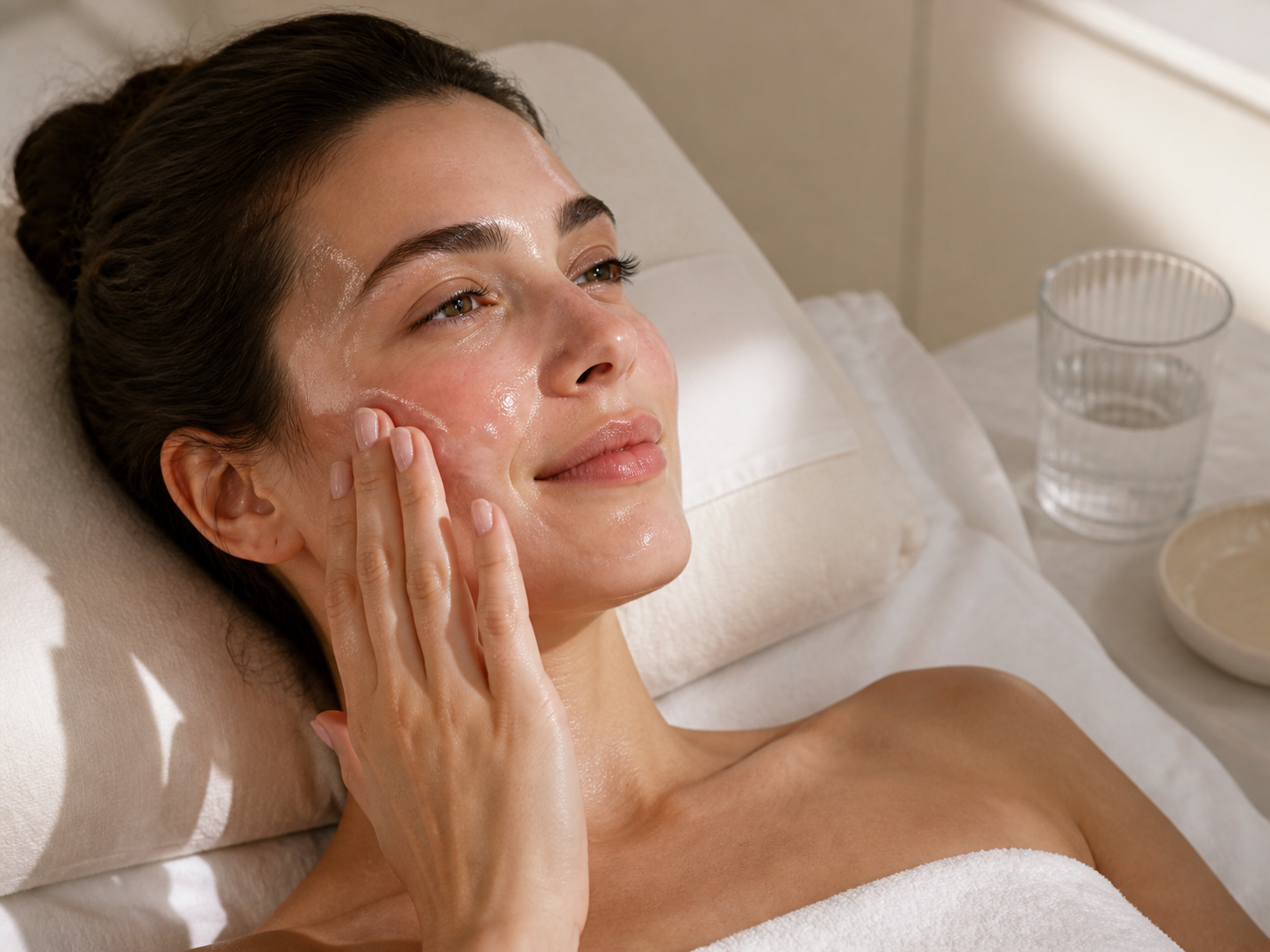 Microneedling aftercare setting with clean linens and skincare