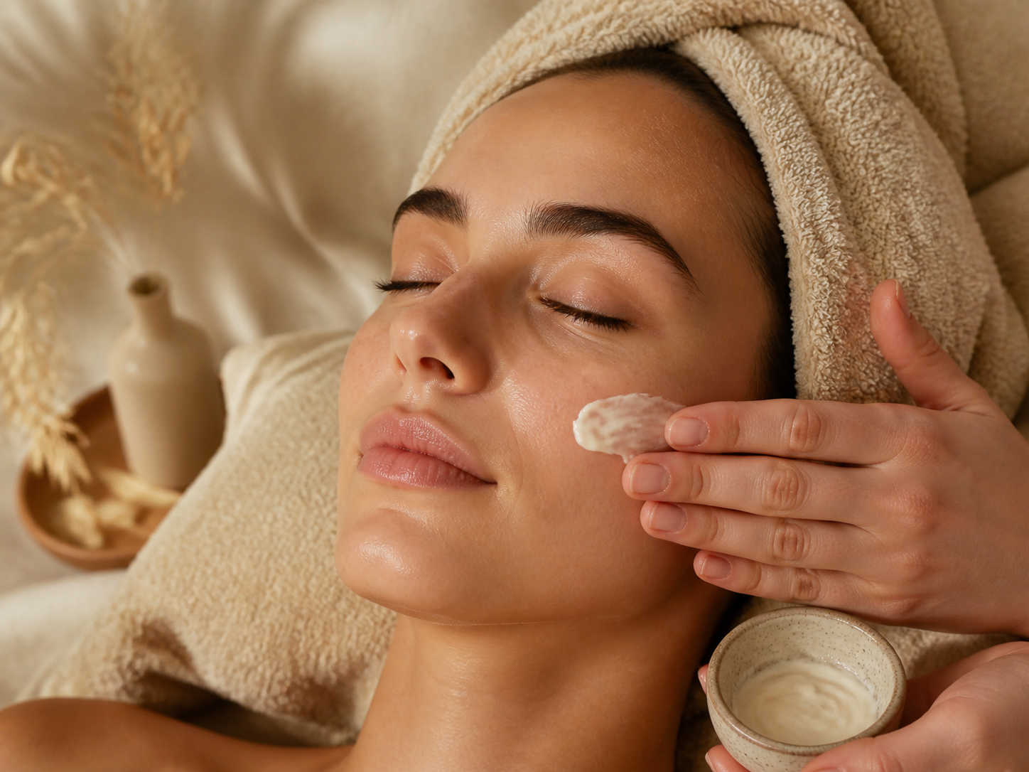 Gentle facial care with oat-toned towel and fragrance-free cream