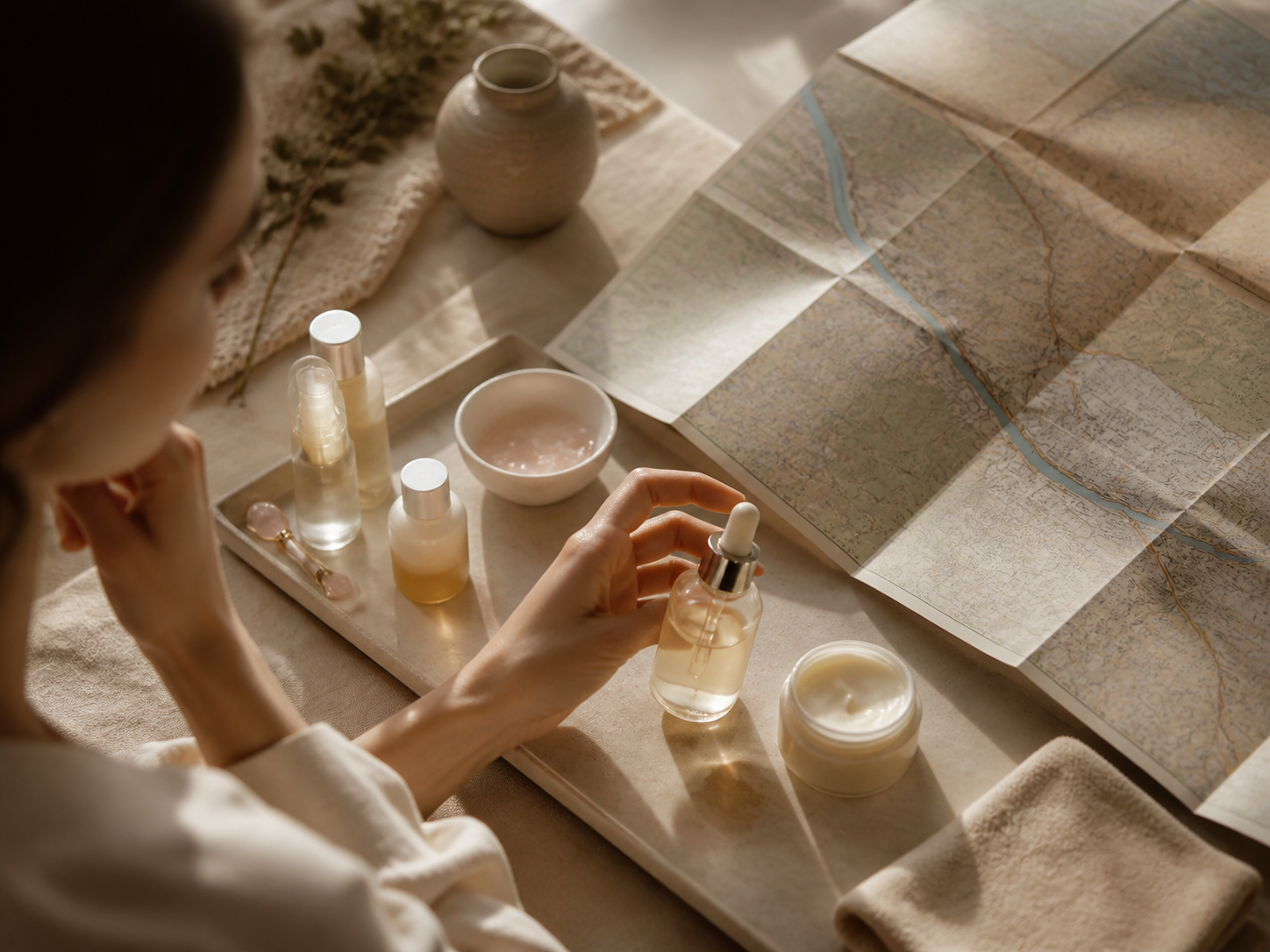 Editorial neighborhood-to-studio skincare planning scene