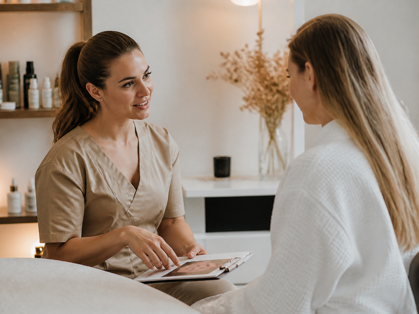 Thoughtful skincare consultation in a quiet warm studio