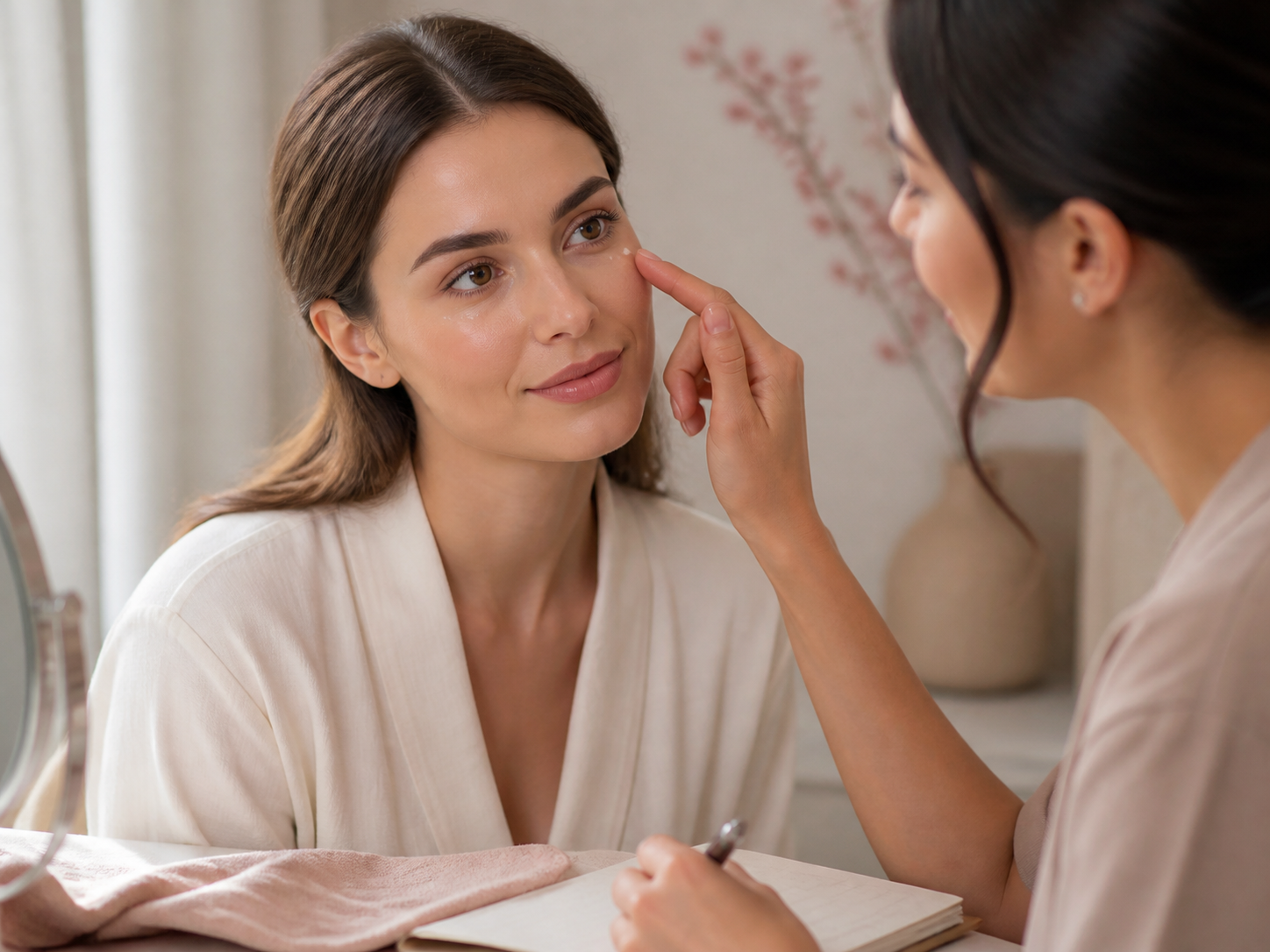 Under-eye consultation scene with soft light and treatment notes