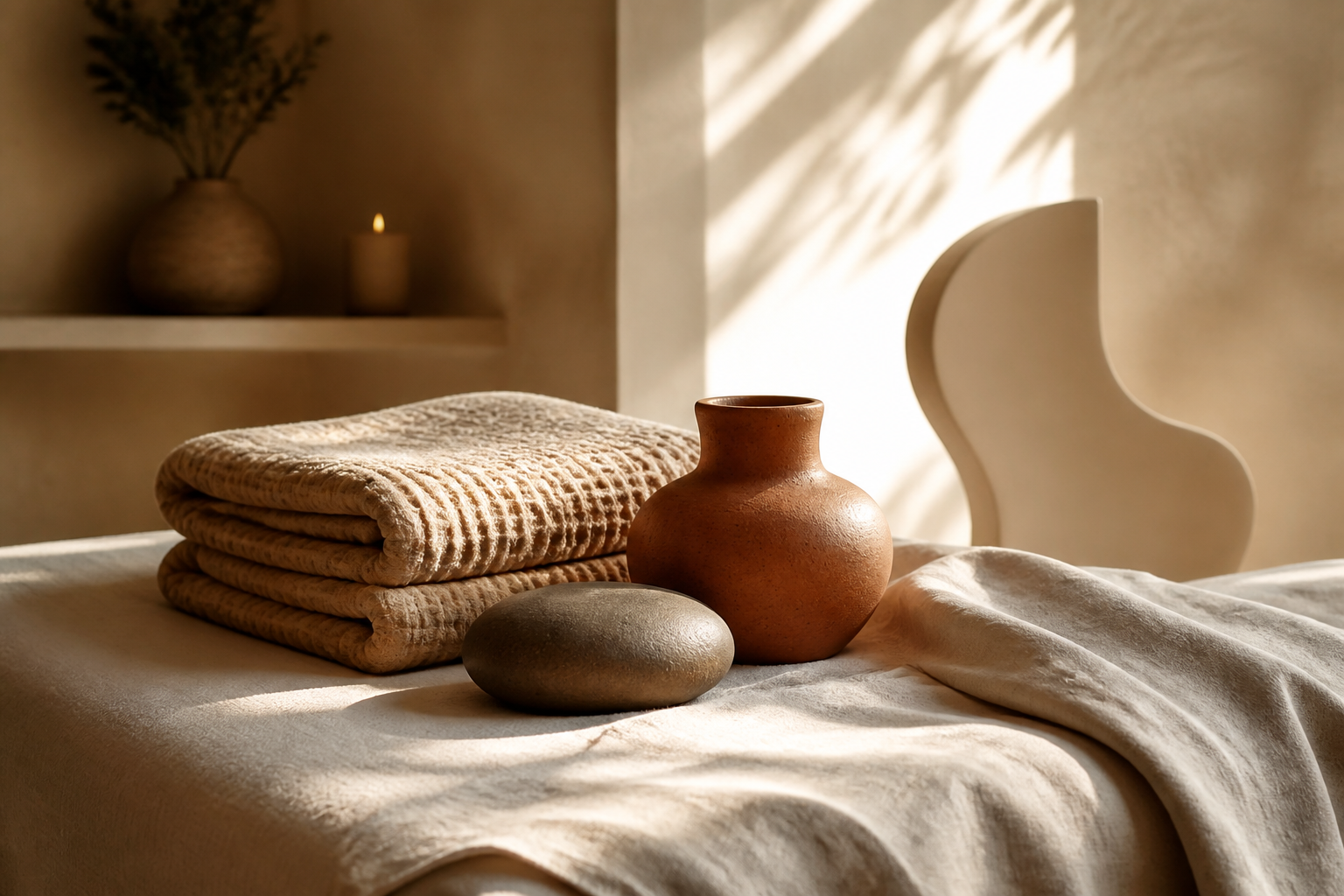 Body skincare treatment setup with folded towels