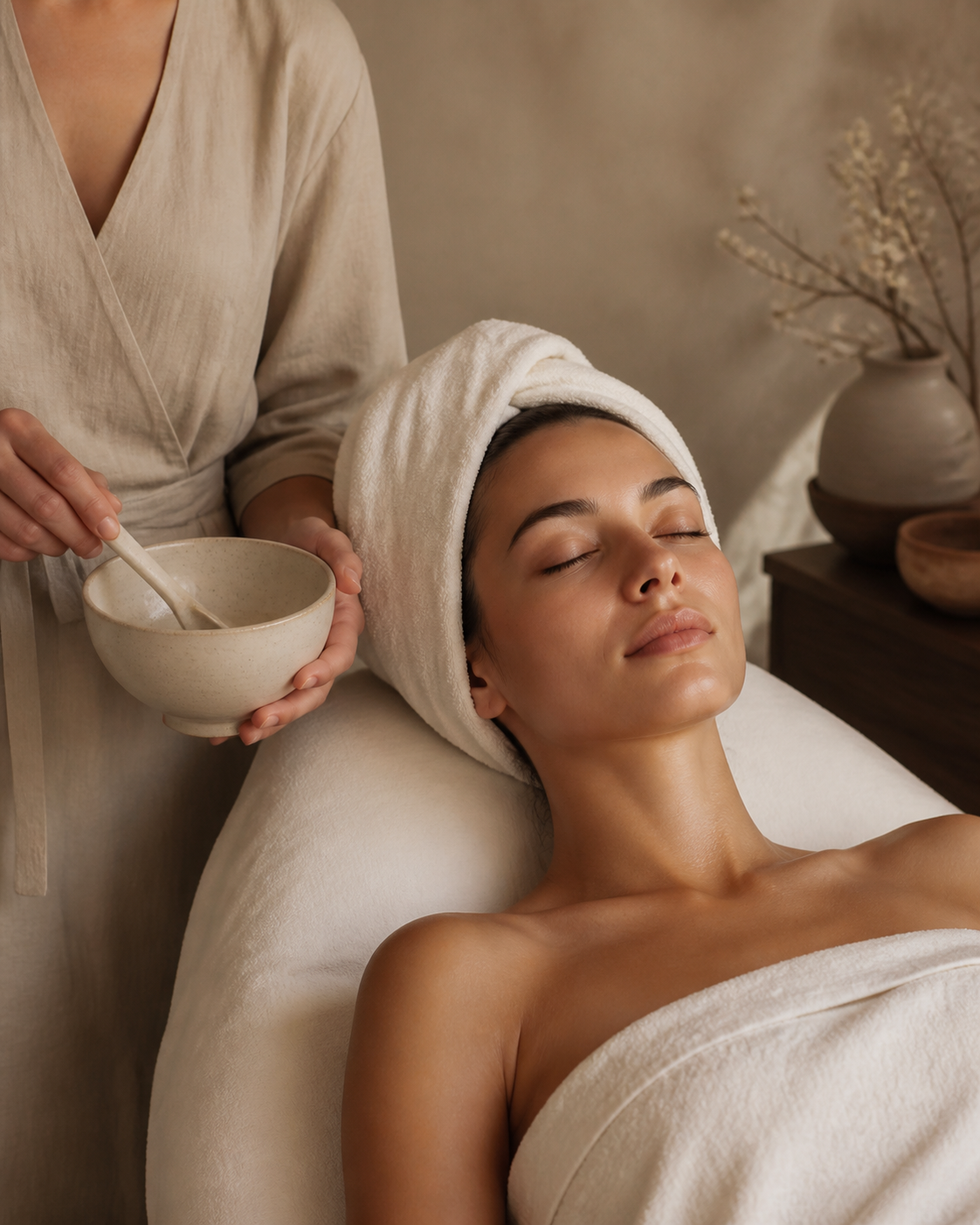 Skincare treatment prepared on a warm editorial table