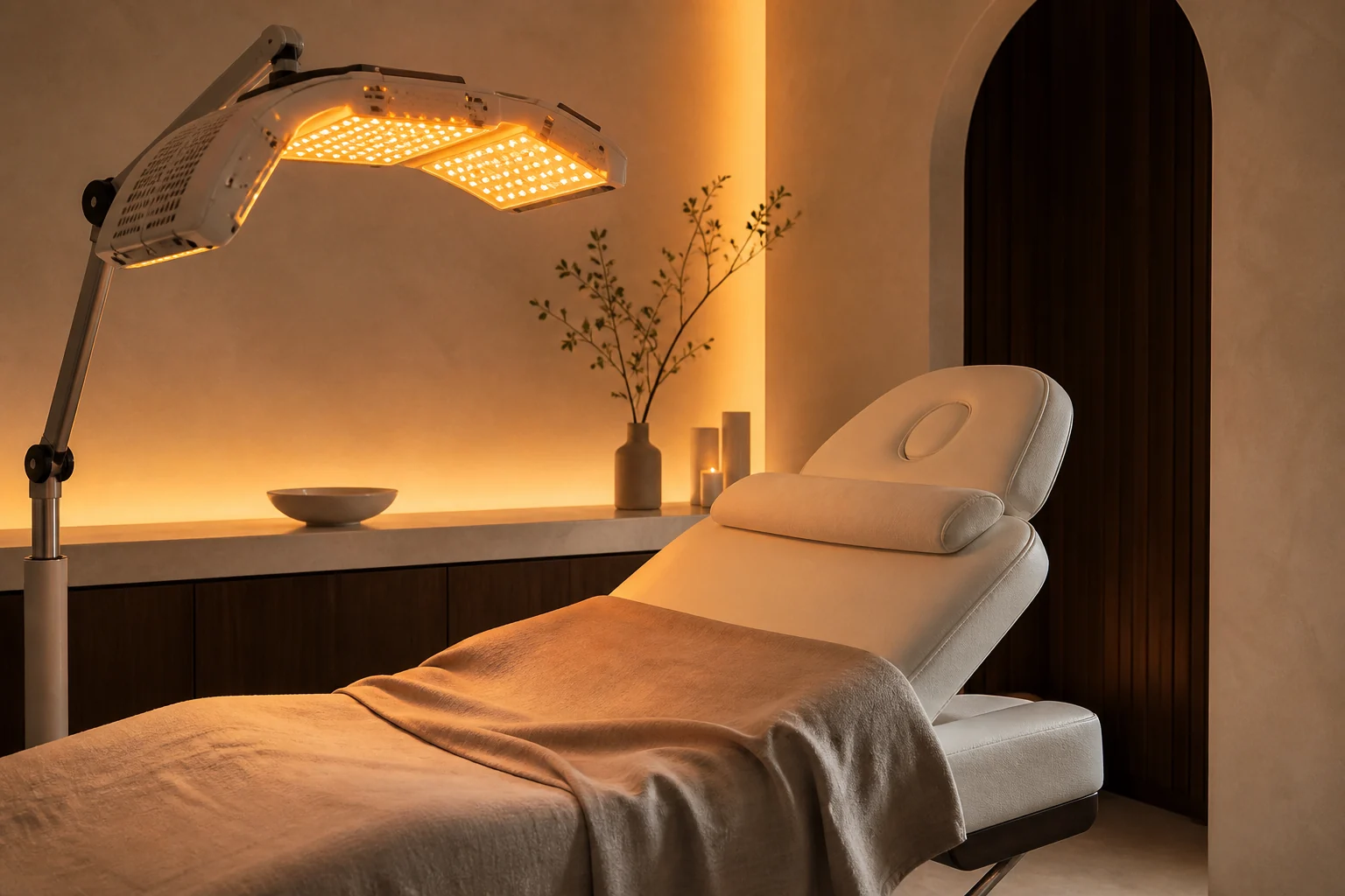 Editorial illustration of a professional light-treatment setup