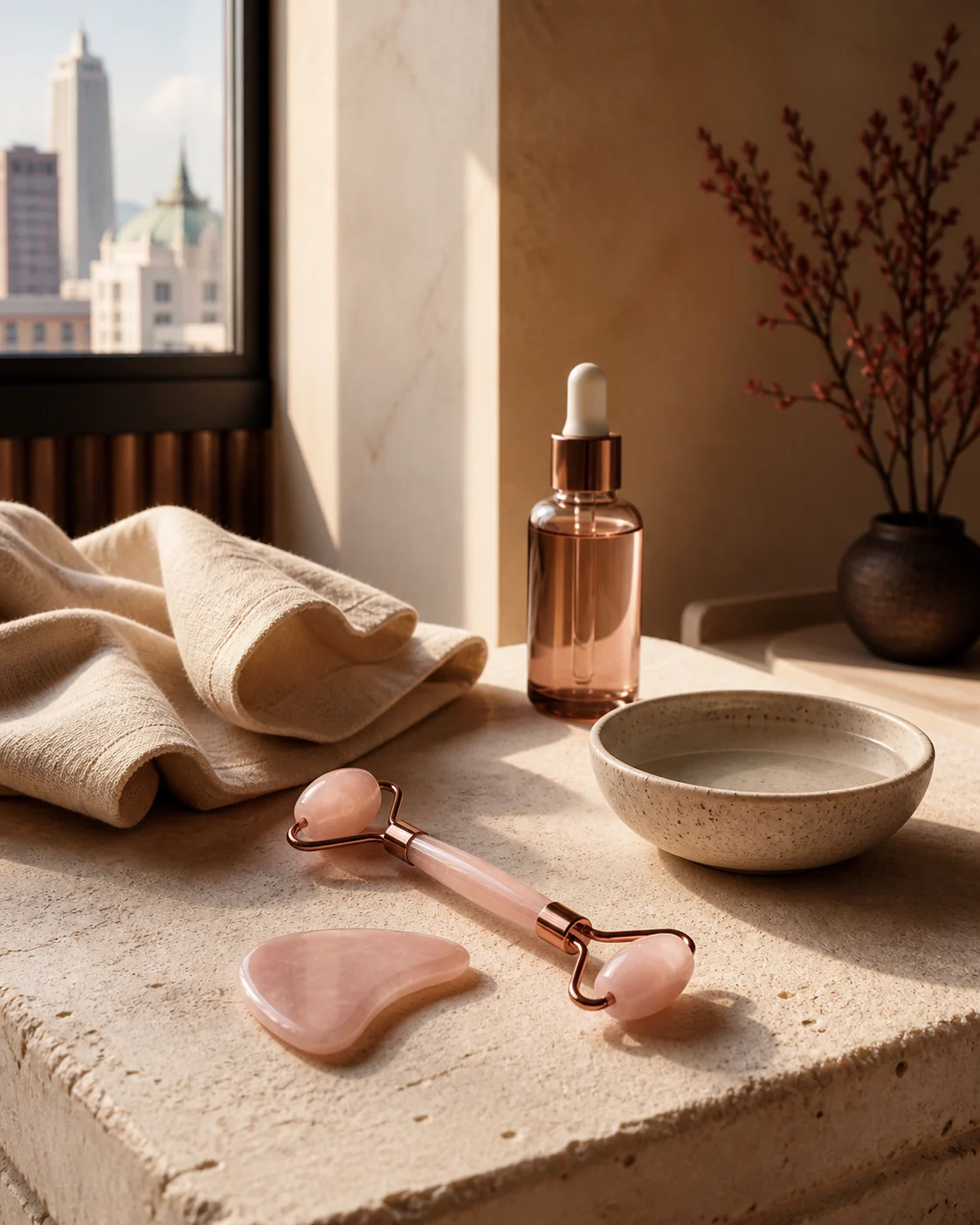 Editorial skincare bottles arranged in natural light